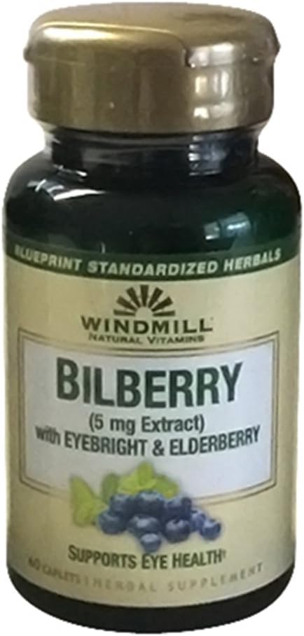 Windmill Bilberry 5 mg Extract Caplets, With Eyebright & Elderberry Supports Eye health, 60 Ea