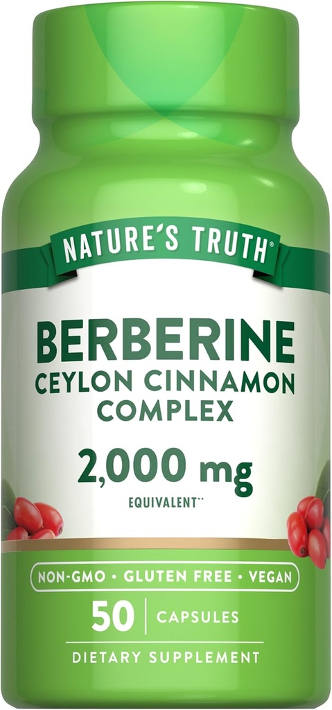 Nature's Truth Berberine avec Ceylan Cinnamon Complex, 2000mg, 50 Capsules végétaliennes, sans OGM et supplément sans gluten