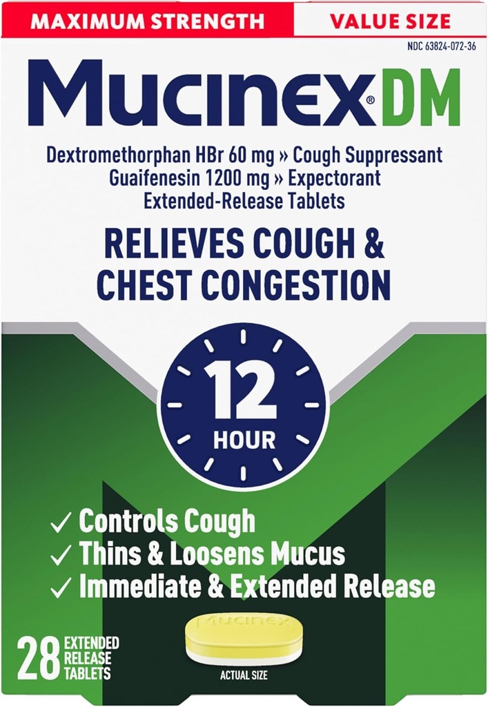 Mucinex Cough Suppressant et expectorant, DM Strength maximum 12 heures comprimés, 28ct, 1200 mg Guaifenesin, Soulage la congestion thoracique, Calme la toux humide et sèche, #1 Docteur recommandé OTC Expectorant