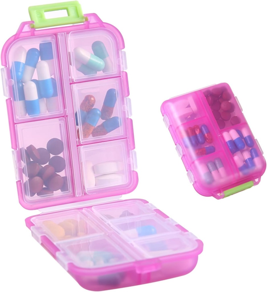 Organisateur de pilules de voyage 1Pack - 10 compartiments Pill Case, Compact et Portable Pill Box, parfait pour l'entreposage sur le trajet, porte-pilule pour rose pur