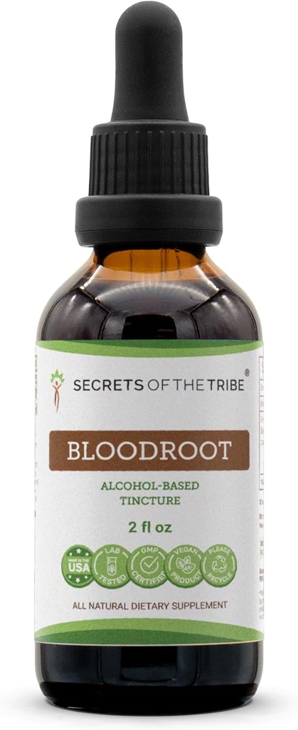 Secrets de l'extrait de teinture d'alcool de la racine de sang de la tribu, racine de sang d'élevage responsable (Sanguinaria Canadensis) Racine séchée (2 fl oz)