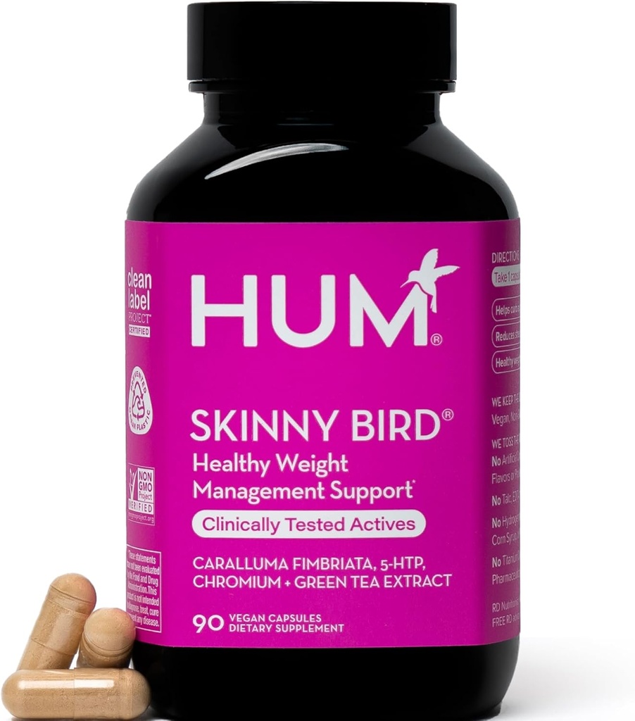 HUM Skinny Bird Green Tea Extract Support pour les femmes avec 5HTP, Chrome, Caralluma Fimbriata, sans gluten et végétalien, capsules d'extrait de thé vert suppléments pour les femmes, 90 capsules