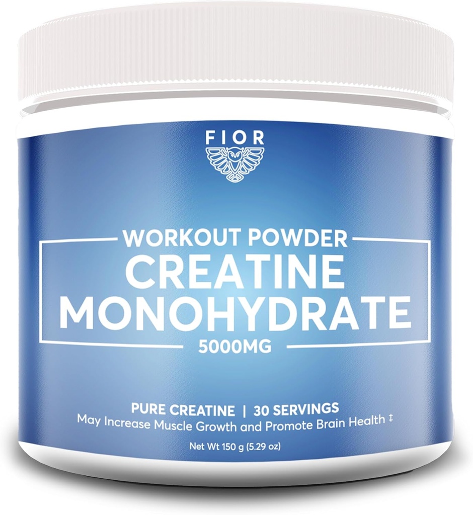 FIOR Poudre monohydratée de créatine pure - Creatine micronisée pour hommes et femmes, poudre de créatine pure non-OGM, sans végétalien et sans gluten, 5 grammes par portion, 60 portions
