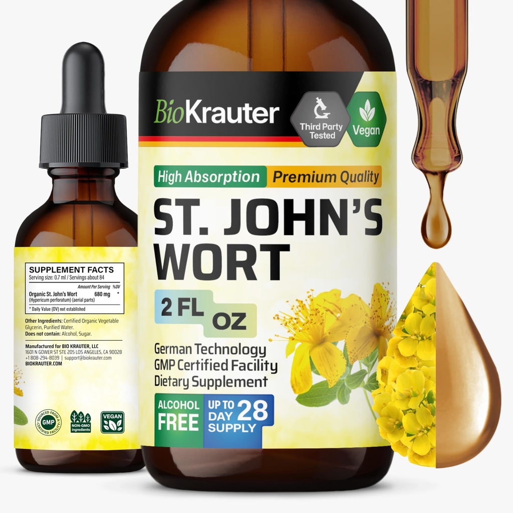 BIO KRAUTER Teinture de millepertuis - Extrait liquide Hypericum perforatum pour le soutien de l'humeur - Haute absorption - gouttes véganes 2 Fl.Oz.