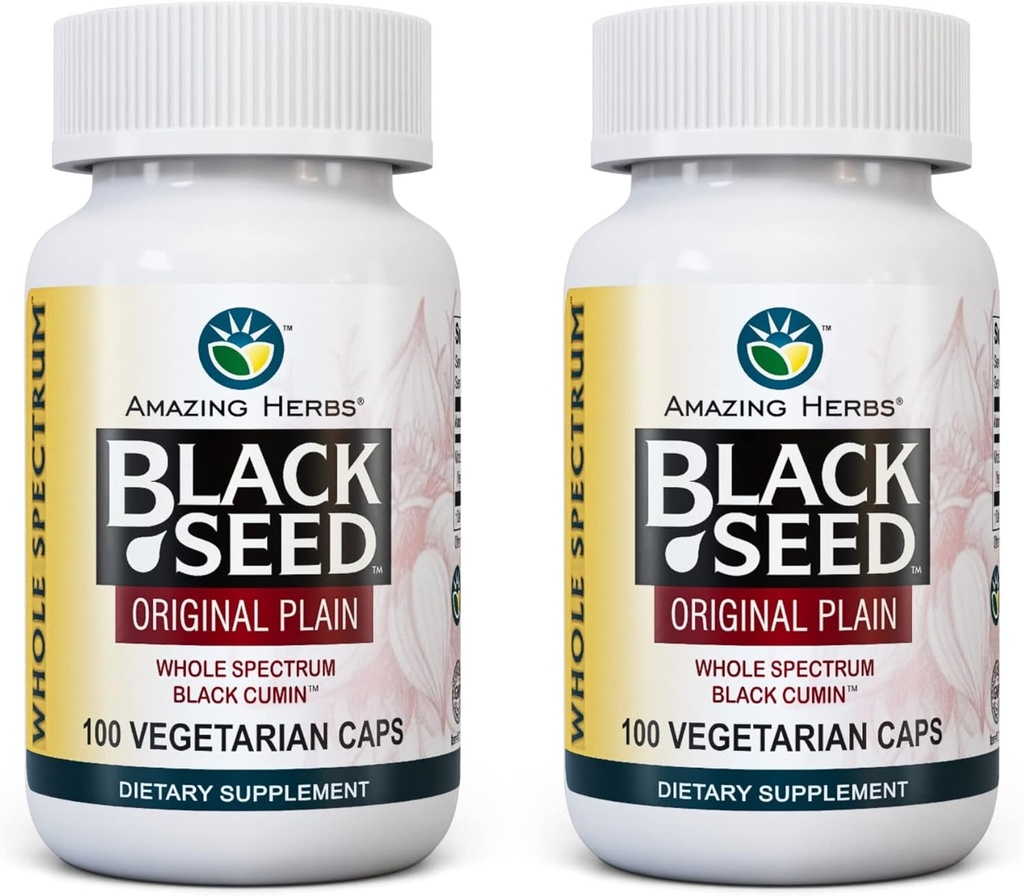 Amazing Herbs Whole Spectrum Black Seed Original Plain, Vegetarian Capsules - Gluten Free, Non GMO, Cold Pressed Nigella Sativa Aids in Digestive Health - 100 Count, 475mg (2-Pack)