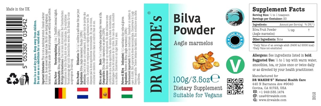 DR WAKDE'S Bilva Fruit Powder (Bael Fruits) - 100g (3.5oz)
