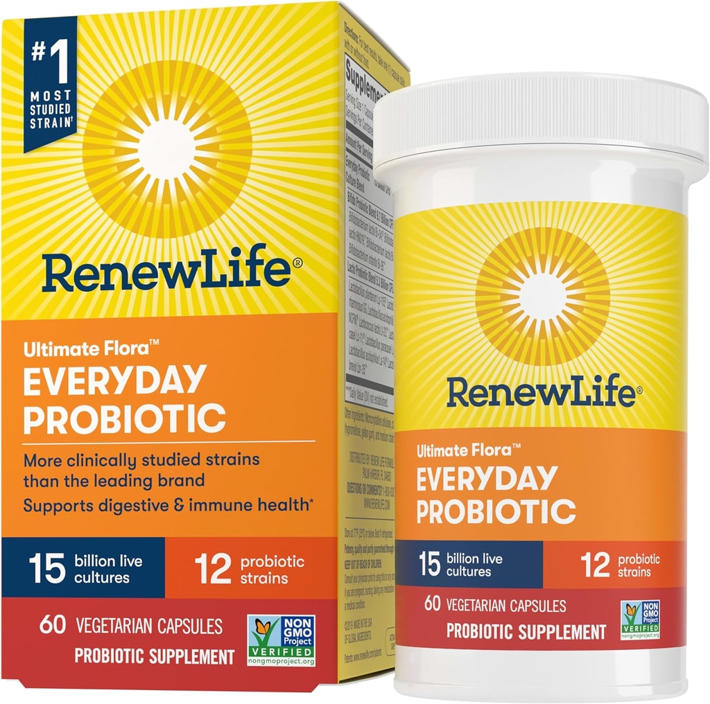 Renouveler la vie Chaque jour Capsules Probiotiques, Supplément quotidien soutient la santé urinaire, digestive et immunitaire, L. Rhamnosus GG, Laiterie, Soy et sans gluten, 15 Million CFU, 60 Compte