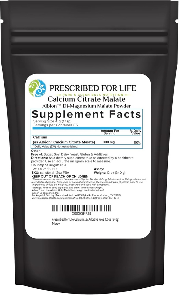 Citrate de calcium prescrit pour la vie Malate, poudre de calcium végétalien pur, formule d'absorption facile, sans OGM, sans fil et sans additif (340g)