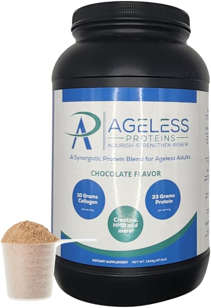 Poudre de lactosérum et peptides de collagène pour adultes matures. Soutient le renforcement musculaire et la santé articulaire avec 24g de protéines, créatine, HMB et vitamines (30 portions, chocolat)