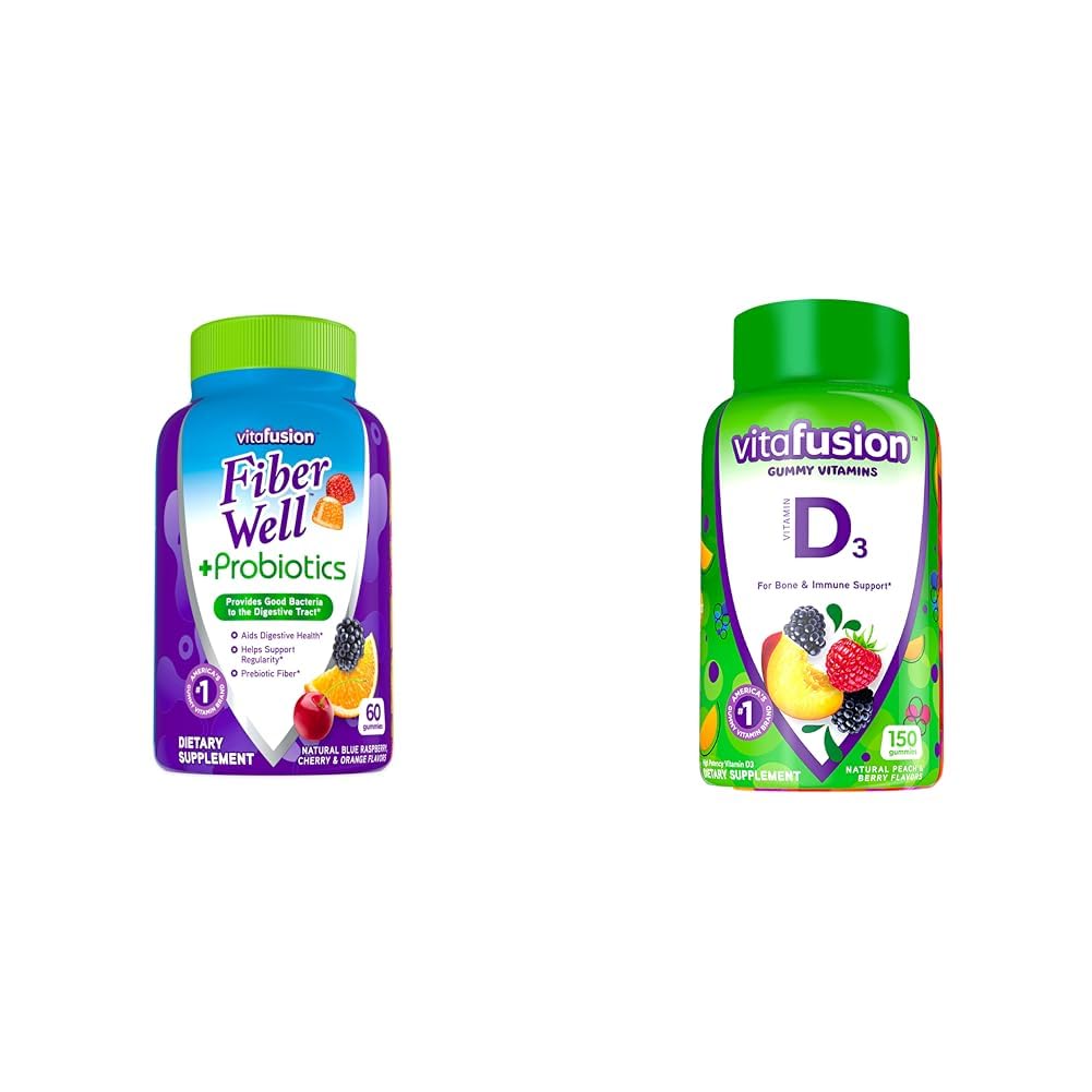 Bien en fibre de Vitafusion + Probiotiques Gommies pour adultes, 60 Compte Vitamine D3 Vitamines Gommy, Pêche, BlackBerry et Fraise Aromatisées, 50 mcg Vitamine D, 150 Compte