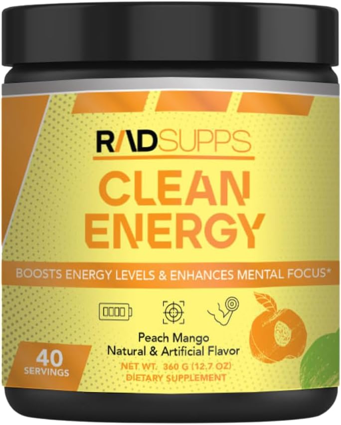 Énergie propre - Poudre de pré-entraînement pour les hommes et les femmes avec les acides aminés BCAA, Poudre de boisson énergétique, Poudre d'énergie acide amino pour l'énergie et focus - 40 portions (12,7 oz, Peach Mango)