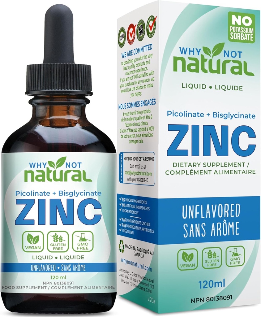 Organic Liquid Zinc Drops Supplement with Chelated Picolinate and Bisglycinate, Vegan