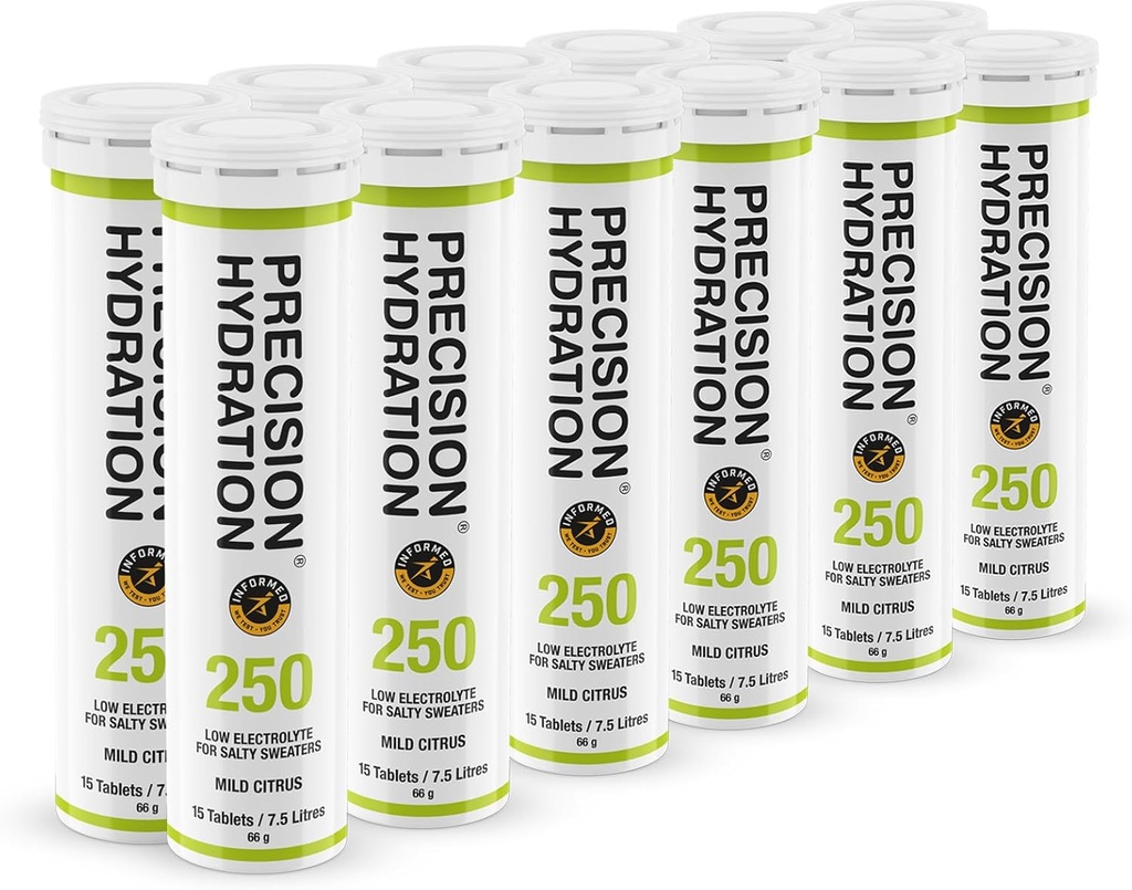 Hydratation de précision Boissons électrolytiques - Comprimés d'hydratation effervescents multi-résistance - Faible calorie, sans gluten, végétalien/végétarien (12 tubes, 250mg/L - Tube vert)