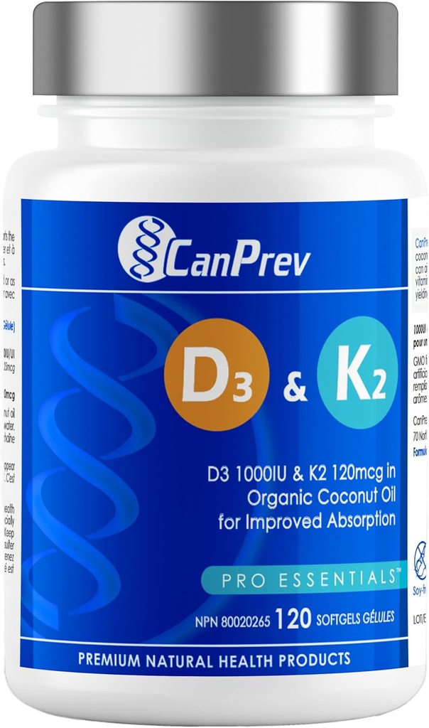 CanPrev D3 & K2 Vitamines 120 Softgels, 120 jours d'approvisionnement, 1000UI Vitamine D3 & 120mcg K2, soutient les os forts, les dents et le mieux-être cardiaque, facile à absorber avec l'huile de coco biologique, sans OGM, gluten, soja, lait