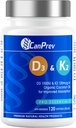 CanPrev D3 & K2 Vitamines 120 Softgels, 120 jours d'approvisionnement, 1000UI Vitamine D3 & 120mcg K2, soutient les os forts, les dents et le mieux-être cardiaque, facile à absorber avec l'huile de coco biologique, sans OGM, gluten, soja, lait