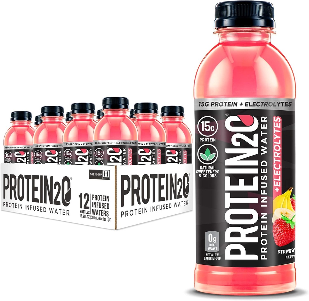 Protéines2o + électrolytes, eau infusée à faible teneur en calories, 15g d'isolat de protéines de lactosérum, banane aux fraises, 16,91 fl oz (paquet de 12)