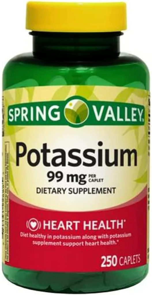 Spring Valley Potassium Caplets Complément alimentaire, 99 mg, 250 Nombre