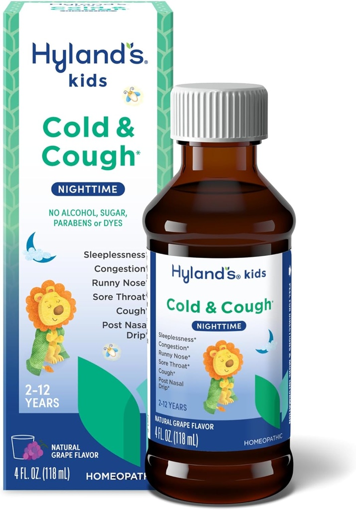 Hyland's Kids Cold and Cough, Nighttime Grain Flavor Cough Sirop Medicine for Kids Ages 2 and up, Cognestant, Mal de gorge et soulagement sans sommeil des symptômes du froid, 4 Fl Oz