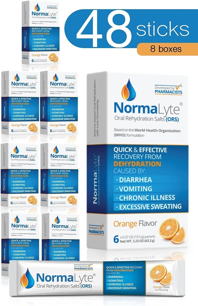 NormaLyte sels de réhydratation orale-48 Sticks Packs (rends 500mL par paquet)-Orange-Suppléments d'énergie, supplément de potassium, récupération de déshydratation et absorption rapide