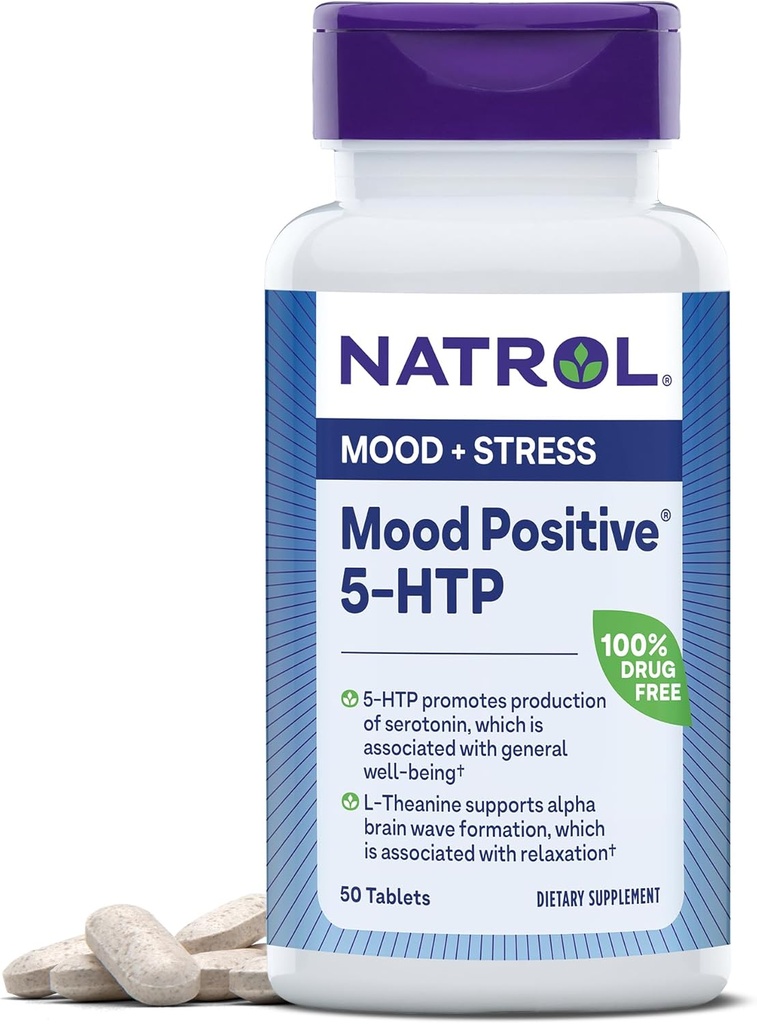 Natrol Mood Positive 5-HTP et L-Theanine pour l'humeur équilibrée et la détente, 50 comprimés, jusqu'à un approvisionnement de 50 jours