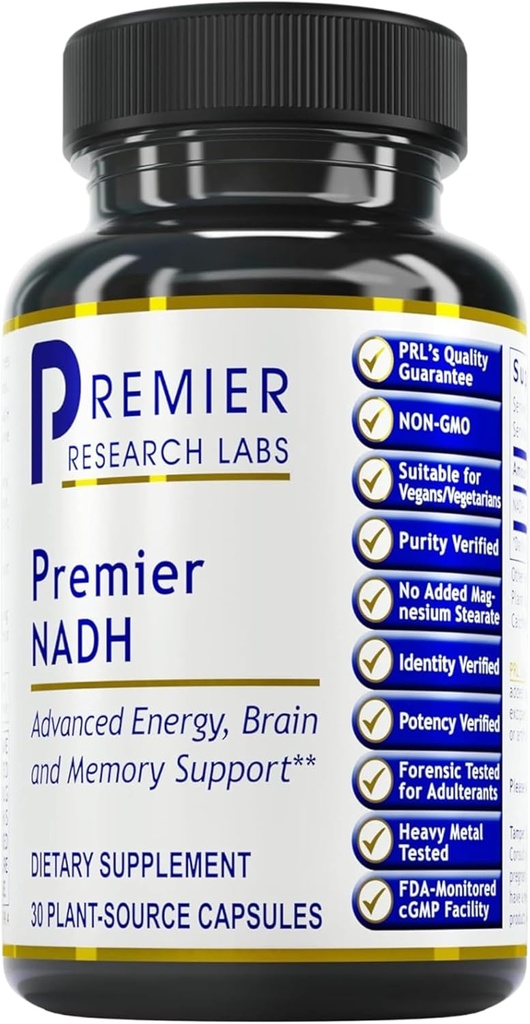 Premier Research Labs NADH - Supplément NADH, Supplément NAD pour hommes et femmes, Nicotinamide Adenine Dinucléotide, Régénérateur cellulaire, Soutien respiratoire - 30 Capsules végétariennes