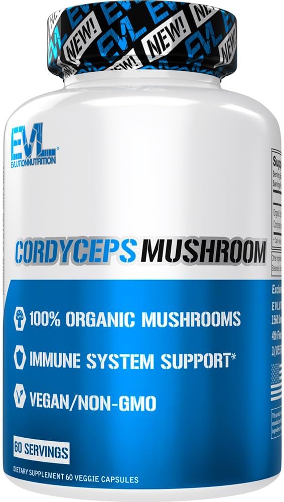 Evlution Nutrition Cordyceps Champignon - Système immunitaire et soutien de santé cardiaque - Supplément de champignons de 500mg - 100% biologique, végétalien et non-OGM - pour l'énergie et la performance - 60 portions