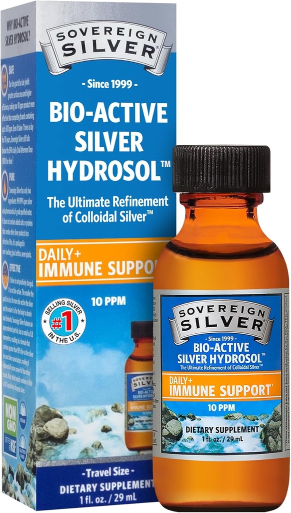 Support immune en argent souverain - Argent colloïdal, hydrosol en argent bioactif, 10 ppm, haut de torsion liquide, taille de voyage, 1 Fl Oz, (29 ml)