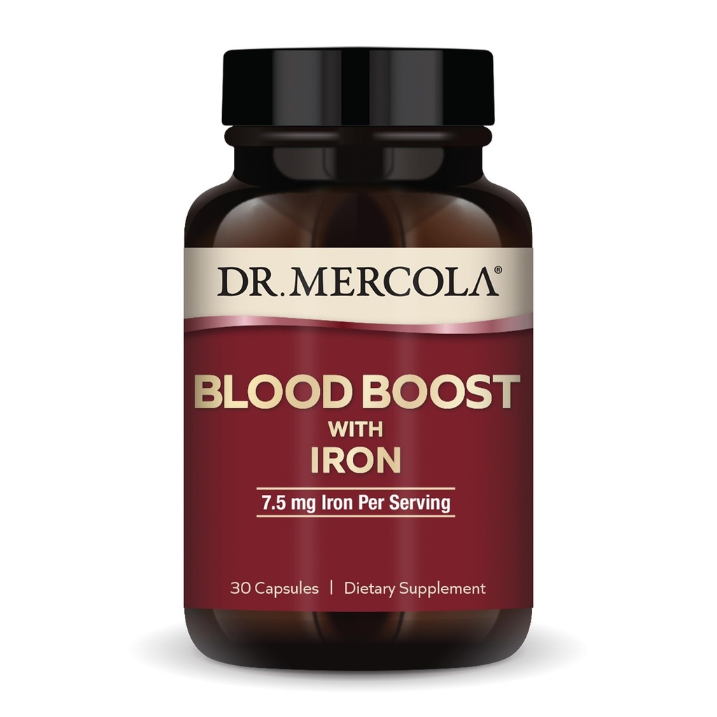 Dr Mercola Blood Boost avec du fer, 30 capsules 7,5 mg de fer, non-OGM, sans gluten, sans soja
