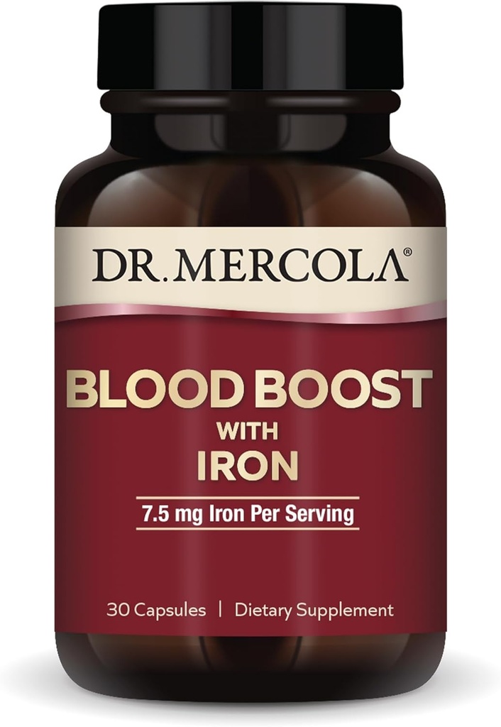 Dr Mercola Blood Boost avec du fer, 30 capsules 7,5 mg de fer, non-OGM, sans gluten, sans soja