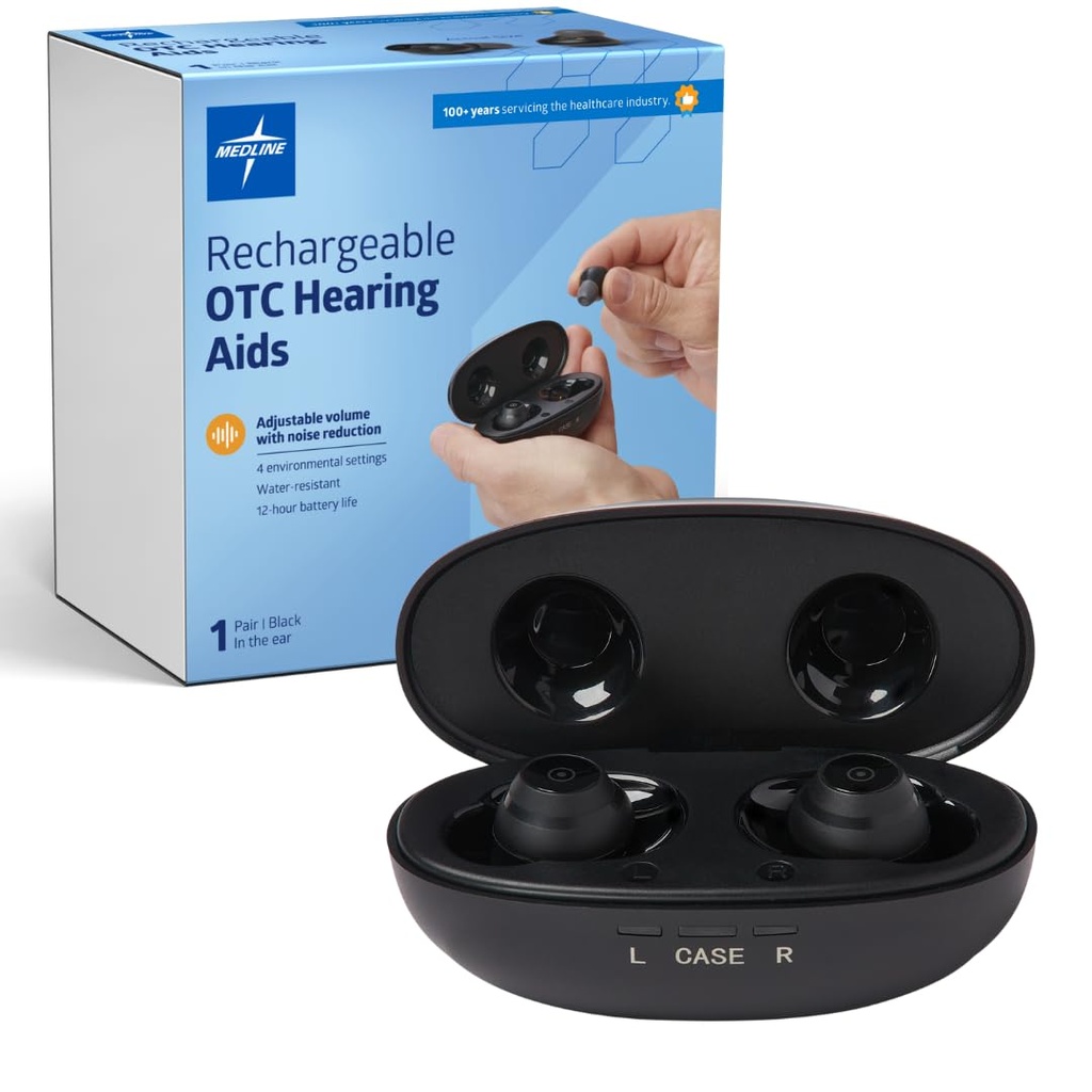 Medline Rechargeable OTC Aides auditives, Noir, dans l'oreille, 4 milieux environnementaux, résistant à l'eau, volume réglable, légère à modérée perte auditive, réduction du bruit, aides auditives à l'écoute