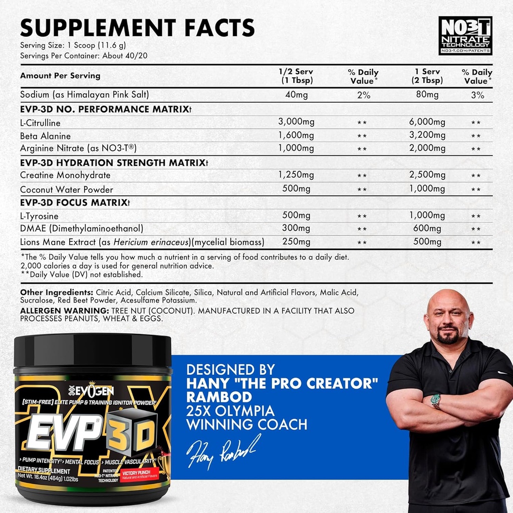 Evogen EVP 3D - Stim Free Pre Workout Powder for Men & Women | Sugar Free Non Stim Preworkout with Beta Alanine and Creatine for Energy & Pump | Victory Punch | 40 Servings