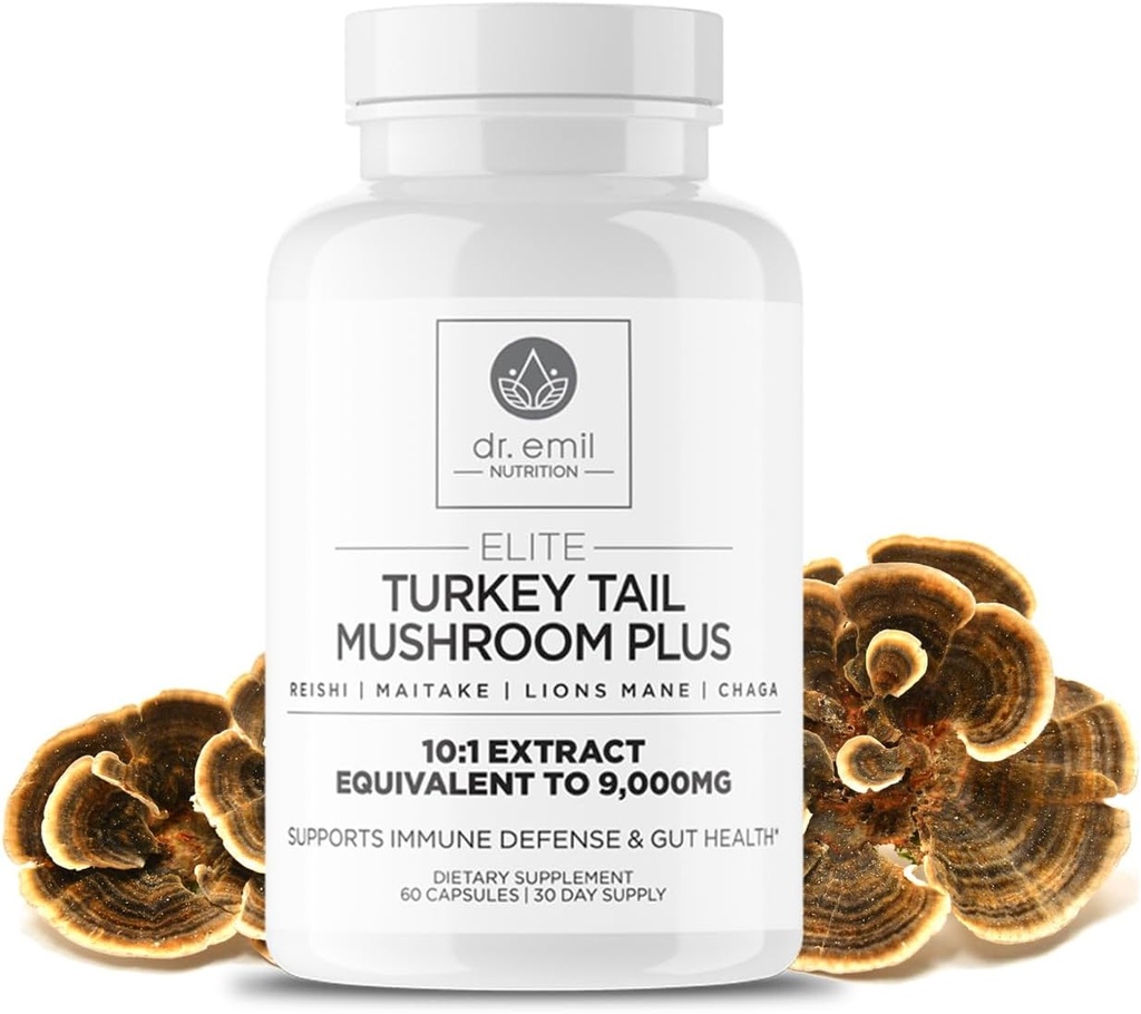 DR. EMIL NUTRIITION Turkey Tail Mushroom Capsules - Turkey Tail Mushroom Supplément pour l'immunité et la santé de Gut - Elite Formula with Lion's Mane, Chaga, Reishi & Maitake