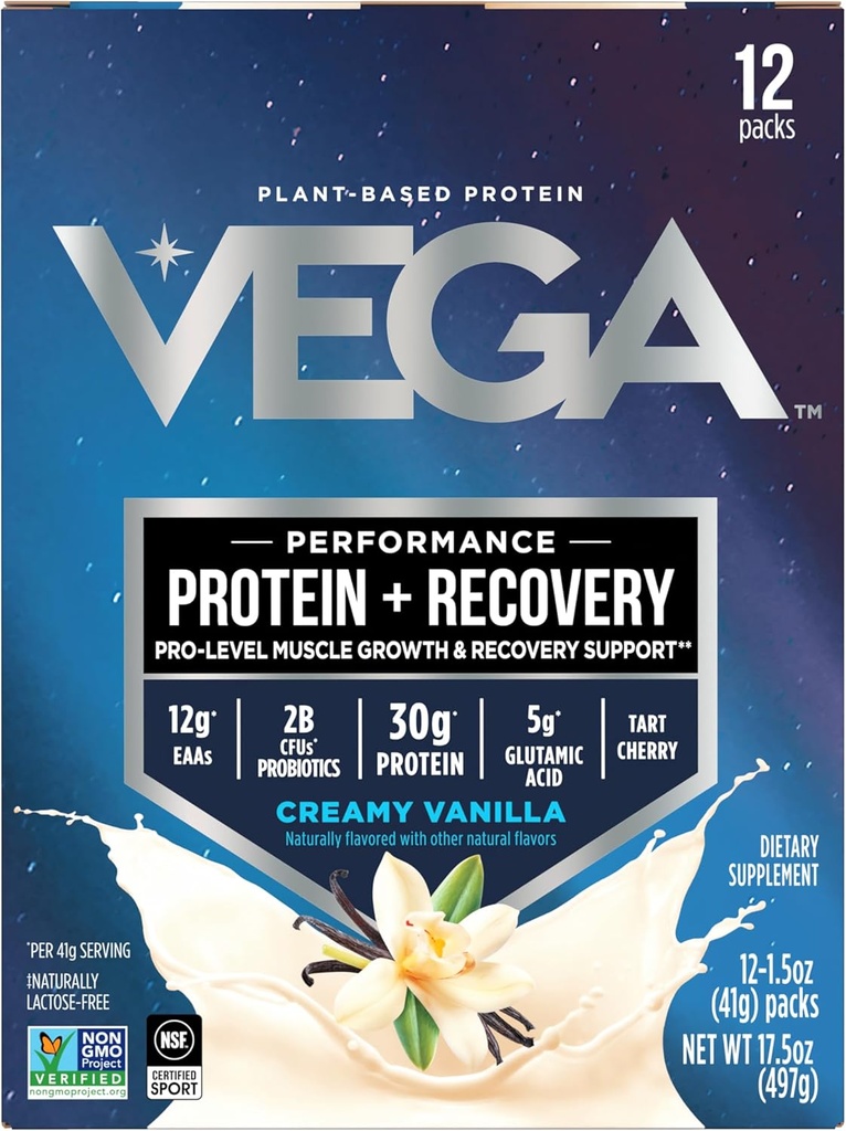 Protéines Vega + Récupération - 30g Protéines végétales par portion, Vanille, 12 x 1,6oz Sachets, 5g BCAAs, Probiotiques, Certifié NSF, Pour Shakes & Smoothies, (Packaging May Vary)