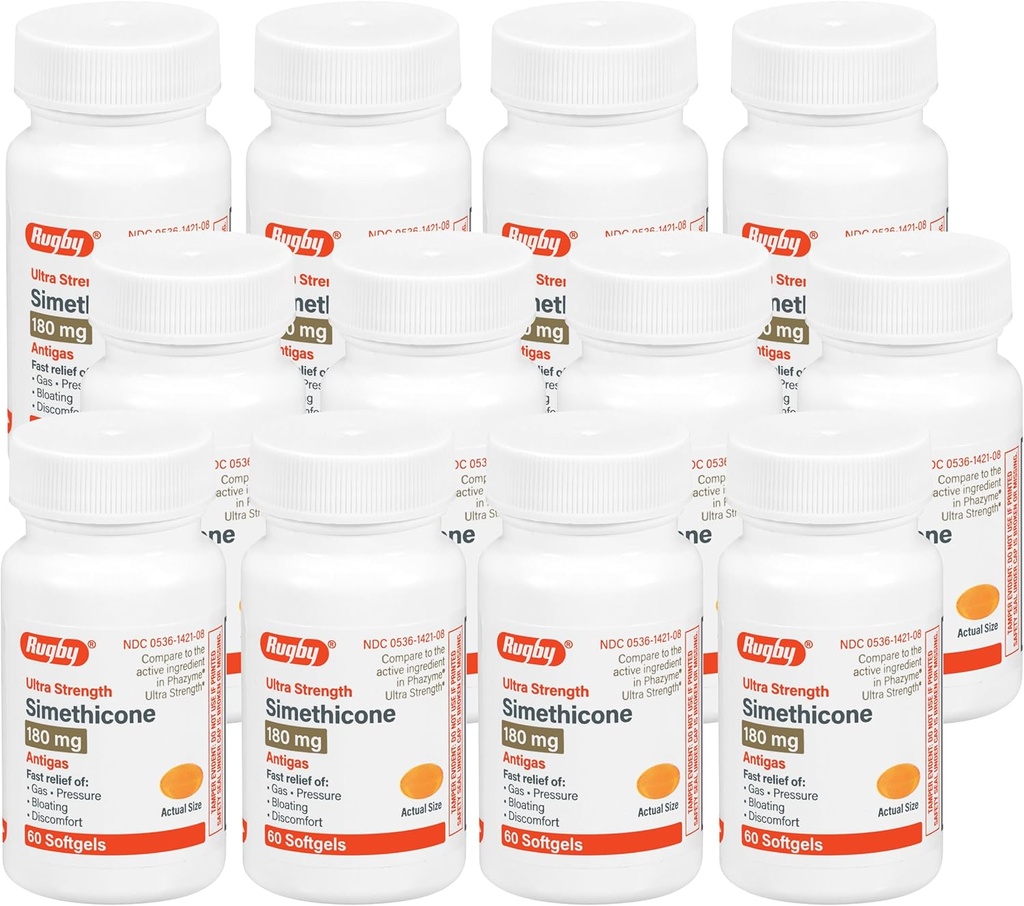 Rugby Ultra Strength Simethicone Gas Relief 180 mg - Maximum Gas Relief for Adults - May Help with Symptoms of Flatulence, Bloating, Gas Fullness - 60 Softgels (12 Pack)