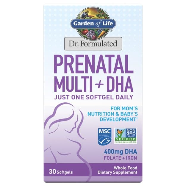 Jardin de la vie Dr. Formulé Prénatal Multi + DHA avec Folate & Fer pour la nutrition de maman et le développement de bébé, 30 Compte