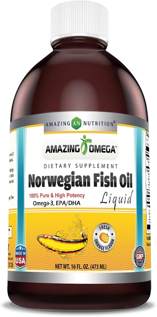Amazing Omega Norwegian Fish Oil 16 Oz Supplément de 1625mg Omega -3s, DHA, EPA par service