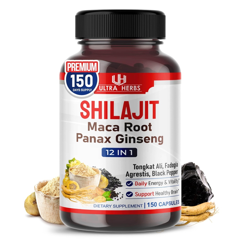 Shilajit Pure Himalayan - Energy Booster 85% Acid Fulvic, Maca Root, Panax Ginseng, Tongkat Ali, Fadogia Agresti - Métabolisme et soutien immunitaire - 150 Capsules