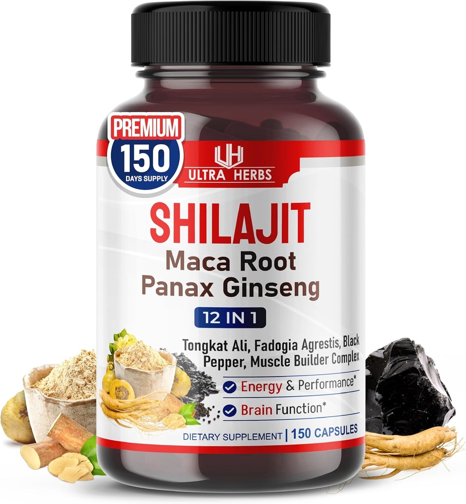 Shilajit Pure Himalayan - Energy Booster 85% Acid Fulvic, Maca Root, Panax Ginseng, Tongkat Ali, Fadogia Agresti - Métabolisme et soutien immunitaire - 150 Capsules