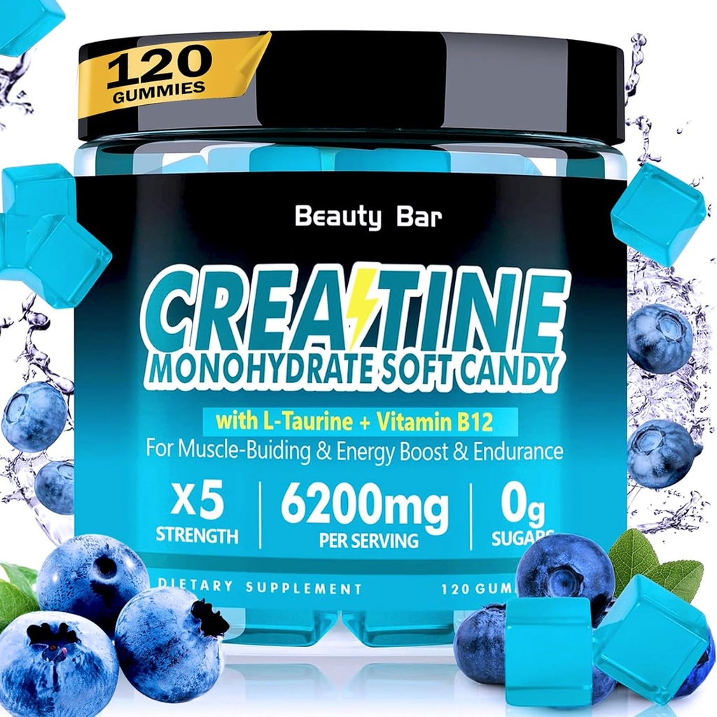 Gommies monohydratées de créatine,6200mg pour les hommes et les femmes, Créatine à croquer pour la croissance musculaire améliorée, la force et la récupération, supplément de pré-entraînement sans sucre,120 comte, saveur de bleuets