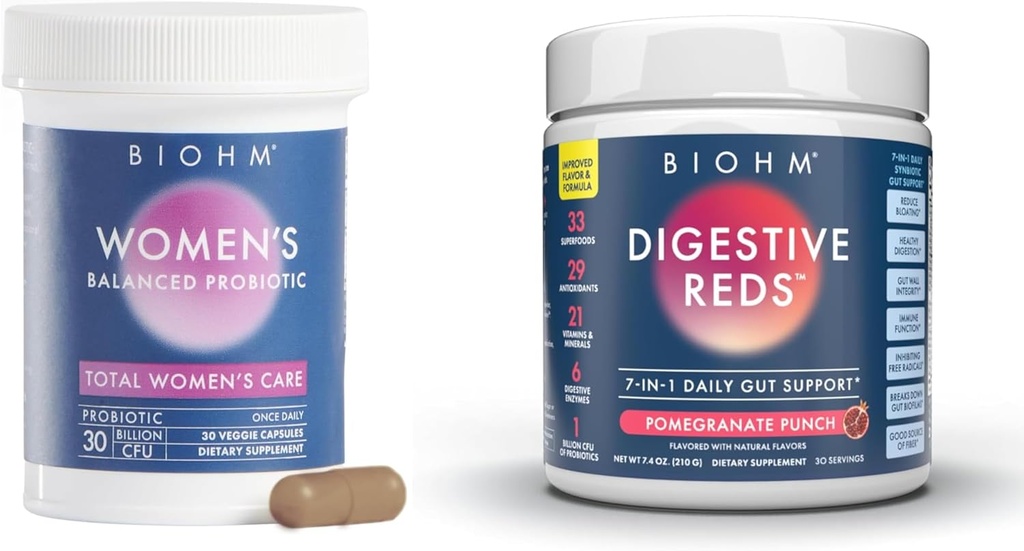 BioHM Probiotiques pour femmes 30B CFU & 210 oz Essential Digestive Reds Powder Bundle, Complet Gut & Vaginal Health Support, Riche en antioxydants, Enzymes, Vitamines