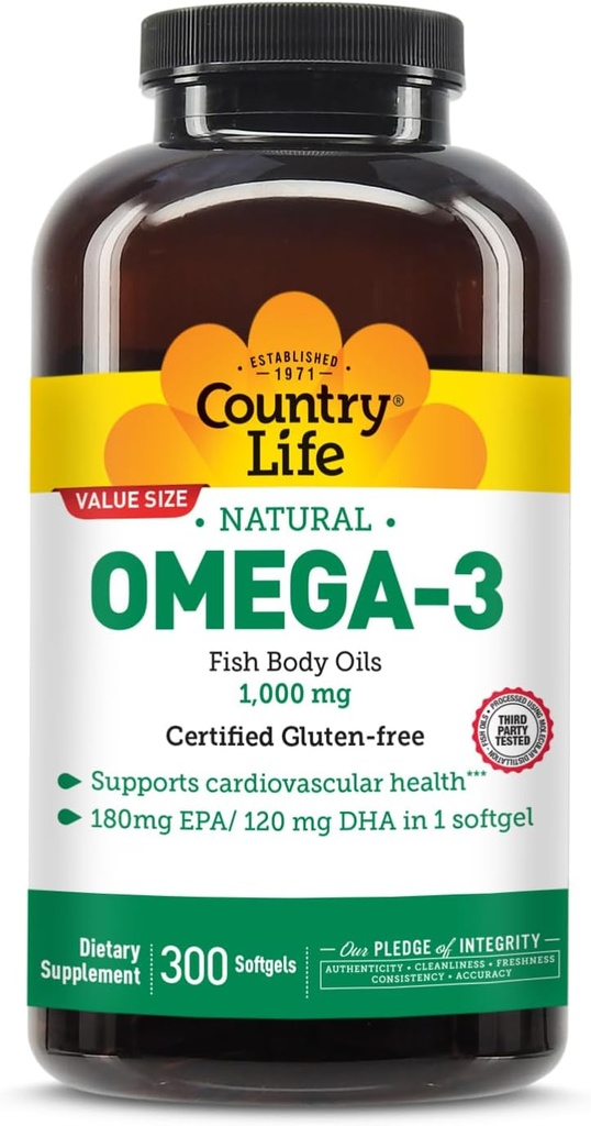 Country Life Omega-3 Supplément huile de poisson, 1000mg, 180mg EPA et 120mg DHA, concentré huile de poisson, sans Burpless, 300 Softgels, certifié sans gluten