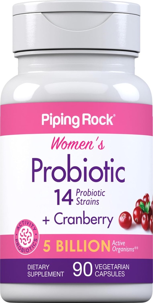 Piping Rock Probiotic avec canneberge pour femmes 90 capsules 14 souches probiotiques Végétarien, non-OGM, supplément sans gluten