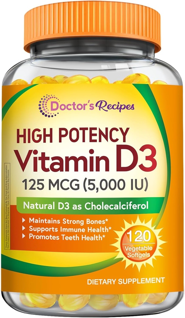 Recettes du médecin Vitamine D3 5000UI, Immune support pour les os, les dents et la fonction immunitaire, non-OGM, sans gélatine, gluten ou soja, 120 softgels végétariens