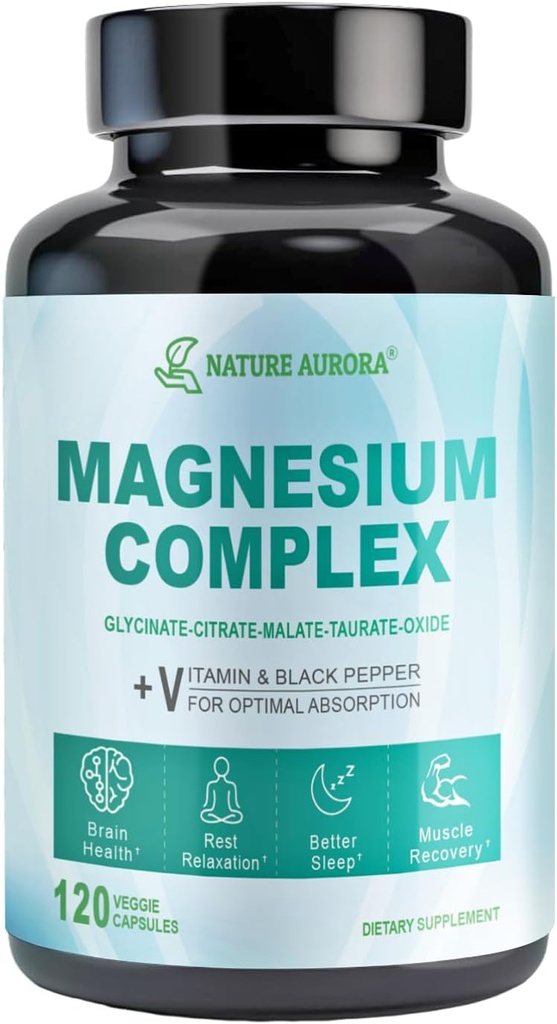 Supplément complexe de magnésium - Glycinat de magnésium chélaté, Citrate, Taurate, Malate, Capsules d'oxyde - Magnésium d'absorption élevée pour le sommeil, Crampes des jambes, Relief musculaire, 400mg, 120 Capsules de Veggie