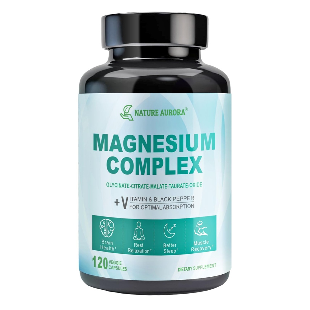 Supplément complexe de magnésium - Glycinat de magnésium chélaté, Citrate, Taurate, Malate, Capsules d'oxyde - Magnésium d'absorption élevée pour le sommeil, Crampes des jambes, Relief musculaire, 400mg, 120 Capsules de Veggie