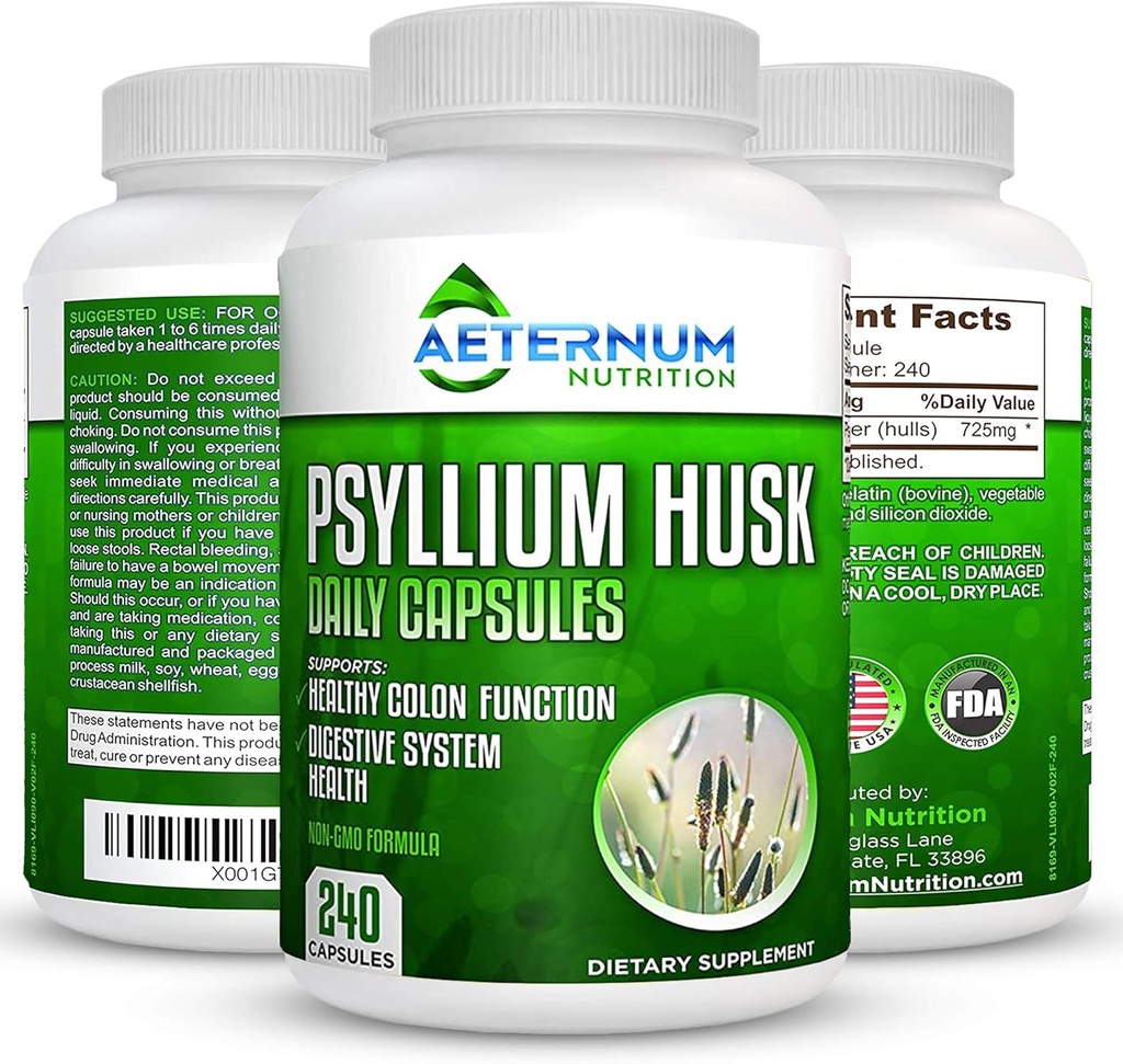 Aeternum Psyllium Husk Caps USA Made - Supplément en fibre naturelle de qualité supérieure - 240 capsules en poudre de musc 725 Mg par portion, soutient un système digestif sain - tout naturel 100% soluble