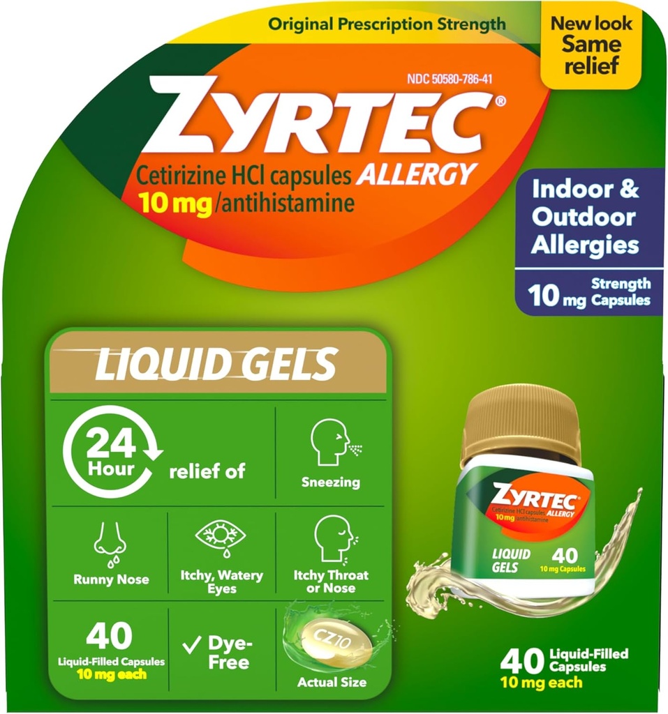 Zyrtec 24 heures Gels liquides antiallergiques, Capsules d'antihistamine avec Cétirizine HCl Allergie Médecine pour le soulagement de toute la journée du nez runny, éternuements, yeux démangeants et plus, 40 Compte