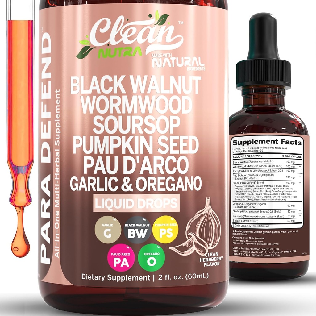 para Defend Wormwood Black Walnut Cleanse for Humans Drops Liquid Soursop Garlic Pumpkin Seed PAU D'Arco Oil of Oregano Turmeric Berberine Neem Extract Hull Bark Tincture by Clean Nutra