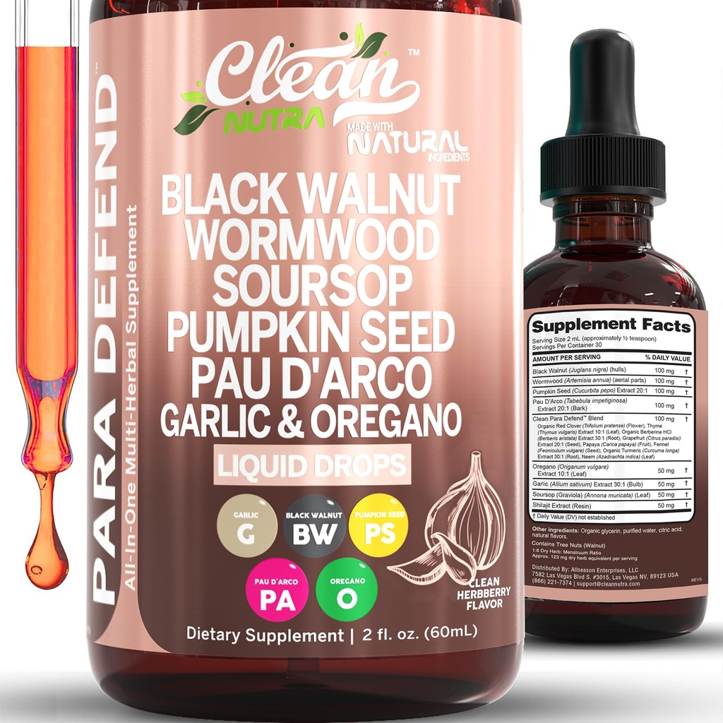 para Defend Wormwood Noyer noir Nettoyant pour les humains gouttes Sourop liquide Ail Graine de citrouille PAU D'Arco huile d'origan berbérique berbérique extrait de coque Teinture d'écorce par Nutra propre