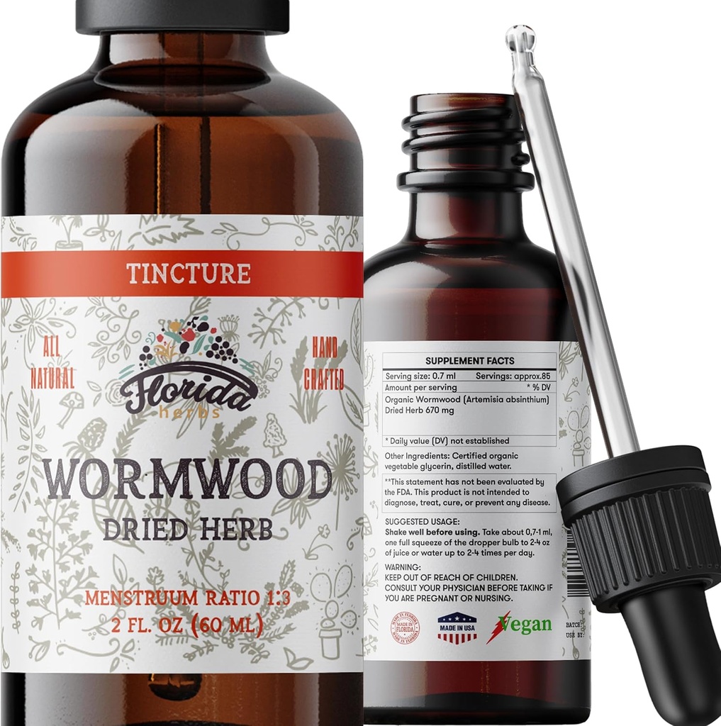 Teinture organique en bois de worm - Supplément naturel de nettoyage intestinal et de nettoyage digestif - Extrait d'herbe en bois de worm pour désintoxication - Fabriqué aux États-Unis - 2 Fl Oz (Wormwood - 2 Fl Oz)